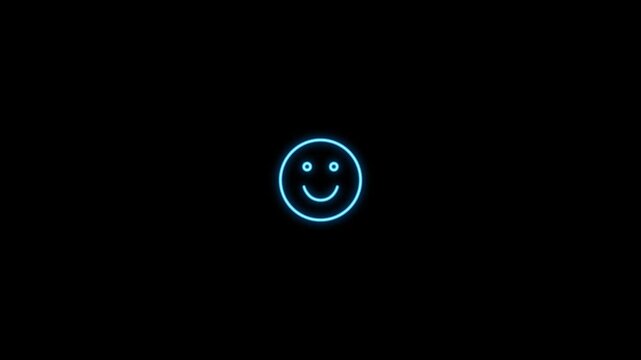 Blue neon smiley face icon glowing happy emoji ui element on dark background 4k