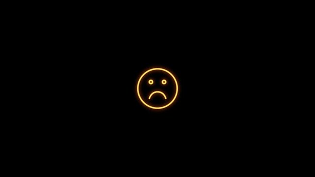 Orange neon sad face icon glowing unhappy emoji ui element on dark background 4k