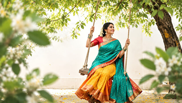 Happy hariyali teej smiling indian woman wearing turquoise sari and yellow lehenga enjoying tree swing for kajari teej festive monsoon celebration outdoors