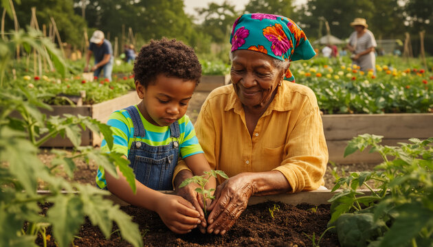 Happy African American grandmother and little grandson smiling while planting small green seedling in rich soil together in vibrant sunny community garden