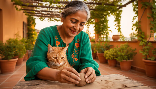Smiling senior woman wearing green tunic making clay pottery on rustic wooden table with cute orange cat resting peacefully on her lap in sunny patio