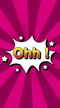 Ohh text word lettering popup comic cartoon reveal with bomb and smoke explosion manga anime book page dots radial speed lines doodle pink background seamless loop vertical animation retro clip Ohh!