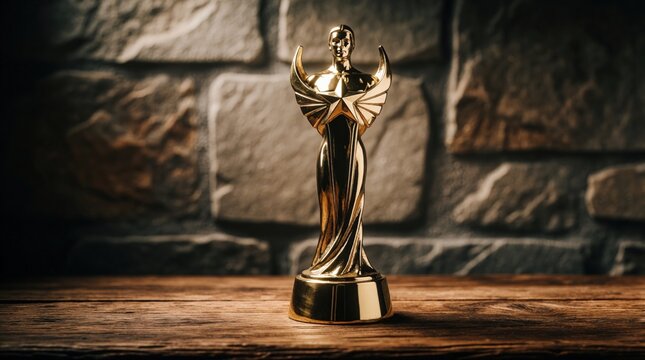 Shiny gold award statue standing on rough wooden surface. Cinematic cinematic metallic figure trophy with wings star design placed against dark grey stone wall background. Pro accomplishment prize