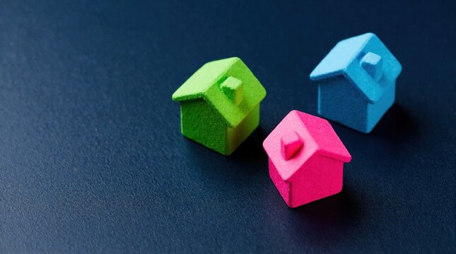 Three small colorful houses, green, pink, blue, sit on dark background. Miniature homes for property concepts, design ideas, and real estate topics. Think about buying or selling.