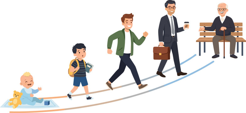 Human life cycle aging process vector illustration set with male characters from baby childhood to old age
