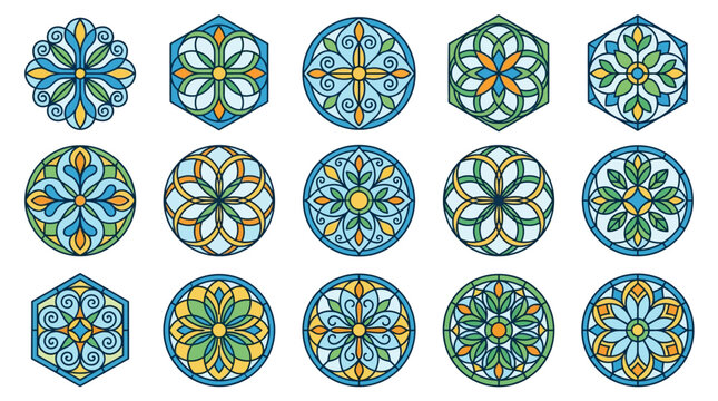 Collection of decorative circular and hexagonal floral motifs in stained glass style