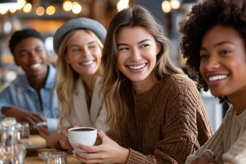 Obraz premium Group of friends enjoying coffee and conversation in a cozy cafe during the afternoon