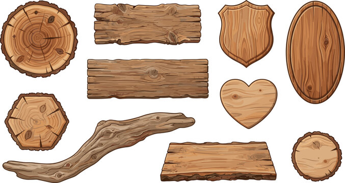 Rustic wood slice signboards blank textured plaques and natural timber branch vector illustration bundle for game UI