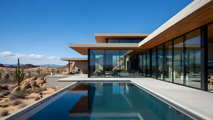 Fototapeta premium Modern desert home with sleek pool and glass facade in arid landscape under clear blue sky