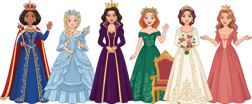Beautiful fairytale royal princess bride and elegant queen characters standing vector illustration bundle for children storybook avatar