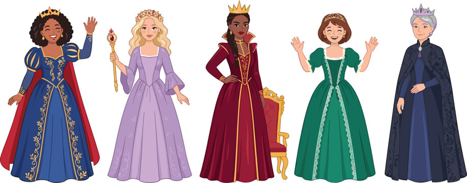Beautiful royal princess and queen cartoon characters standing in elegant gowns vector illustration set for fairytale design
