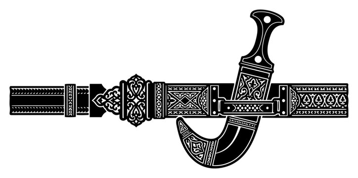 Traditional ornate khanjar dagger with intricate patterns and sheath in silhouette style