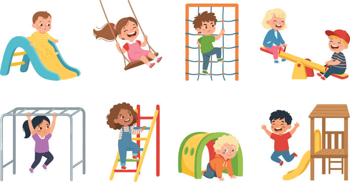 Happy cartoon children playing on playground vector set with slide swing monkey bars and seesaw illustrations