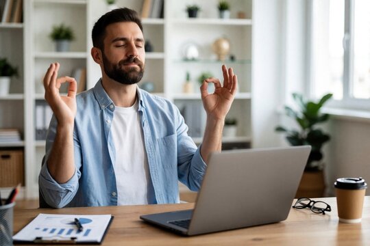 Calm man meditates with eyes closed in front of laptop at home office. He sits at desk with charts and coffee, practicing mindfulness for stress relief and work balance.