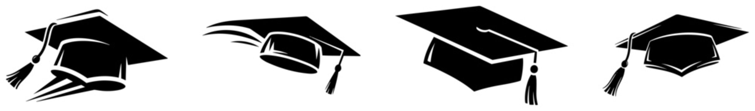 Graduation caps and mortarboard headwear icons in black silhouette style