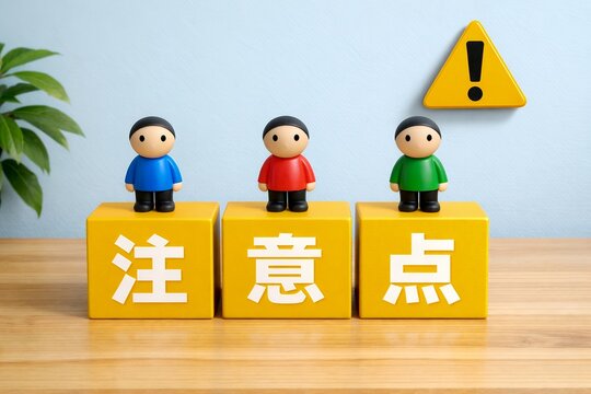 注意点ブロックに並ぶミニチュア人形たちが示す警告