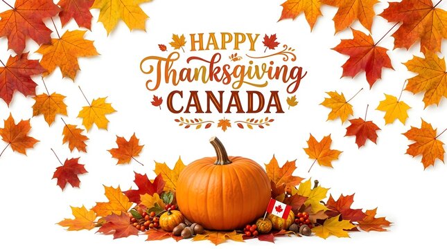 Happy thanksgiving canada greeting card with a large orange pumpkin, maple leaves, and a small canadian flag isolated on white background