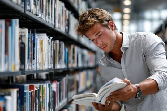 Young man reading a book in a modern library during daylight hours