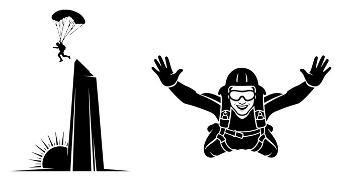 Base jumper leaping from cliff and skydiver in freefall extreme sports black and white silhouette set