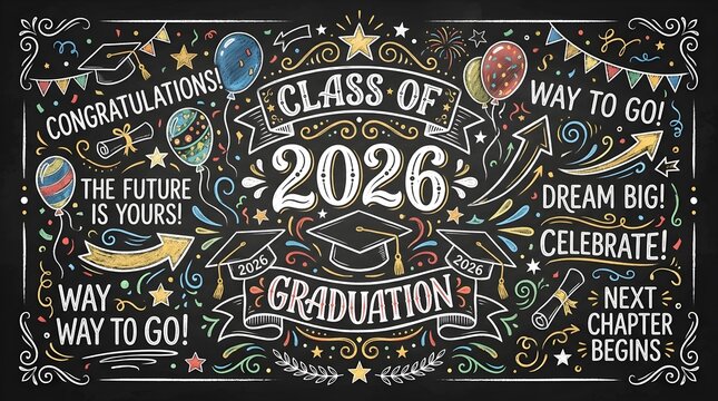 Class of 2026 graduation chalkboard design with handdrawn lettering, graduation caps, balloons, and festive decorations for celebration and academic achievement