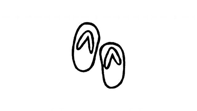 4K hand drawn flip flops icon featuring boiling line animation. Frame by frame line art on black and green screen backgrounds for beach sandals, summer footwear, resort stroll, and footwear.