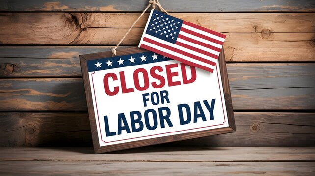 Closed for labor day sign hanging on a rustic wooden wall with an american flag