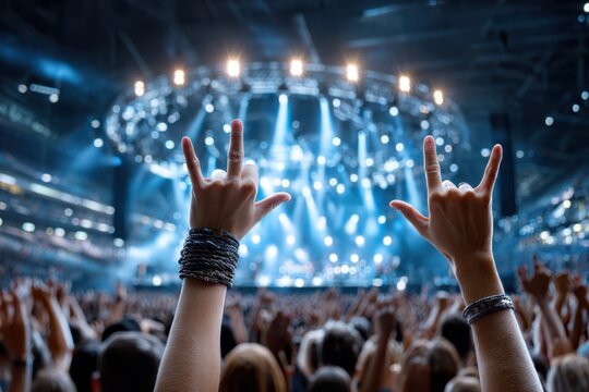 Two hands making rock and roll signs at a live music concert