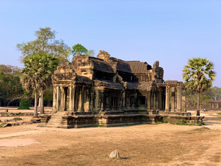 Fototapeta premium Siem Reap, Cambodia - February 20, 2020: Library Building Flanked by Palm Trees at Angkor Wat
