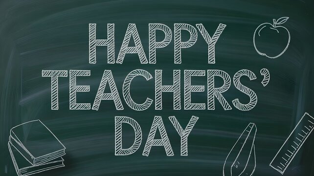 Happy teachers day text written on a green chalkboard with school supplies like books, an apple, a pencil sharpener, and a ruler drawn in white chalk