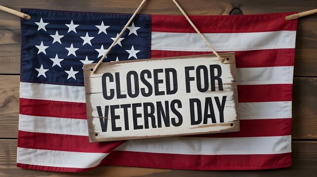 A wooden sign hanging on an american flag that says closed for veterans day, indicating a business closure for the holiday