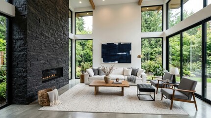 Obraz premium Modern luxury living room interior with dark stone fireplace and large floor to ceiling glass real estate high end