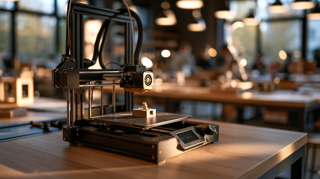 Medium shot of 3d printer creating small prototype with blurred workbenches in bright dynamic stem makerspace classroom setup clean modern lab interior technology education