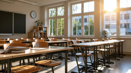 Fototapeta premium Empty classroom with neat rows of desks and chairs bright school room interior with daylight windows clean academic space education learning environment furniture study