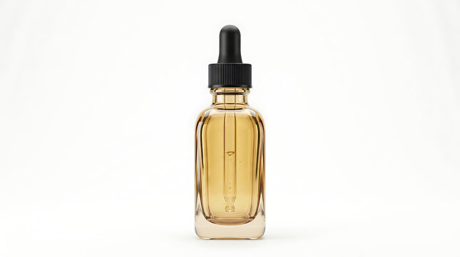 amber glass bottle with dropper containing essential oil or cosmetic serum on white surface.