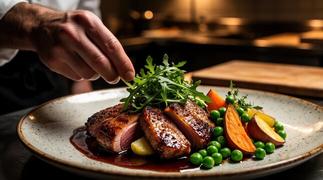 Chef hands plate roasted duck breast fillets with fresh vegetable salad, sweet potato batat in pro restaurant kitchen. Gourmet meat dinner meal served on ceramic dish with green peas, arugula herbs.