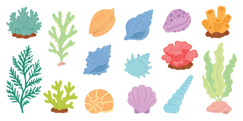 Cute Ocean Elements Set with Colorful Seaweed, Corals, and Seashells © Elena
