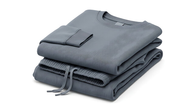 A neatly folded grey tracksuit with a crewneck sweatshirt and matching drawstring sweatpants isolated against a clean white background.