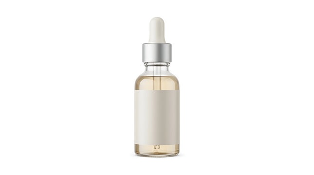 A small glass dropper bottle with a white blank label filled with golden cosmetic oil stands upright on a plain background.