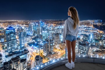 Obraz premium Night Cityscape View From Rooftop Terrace Woman Observing Lights