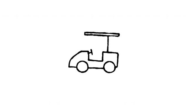 Animated doodle electric golf cart icon with line boil action. Features 4K frame by frame boiling line animation on black and green screen backgrounds for buggy vehicle, resort, and eco transport.
