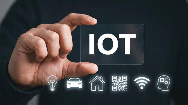 The Internet of Things (IoT): A hand holds a transparent card with the word IoT on it, surrounded by glowing icons representing connected devices like a light bulb, car, house, QR code, Wi-Fi signal.