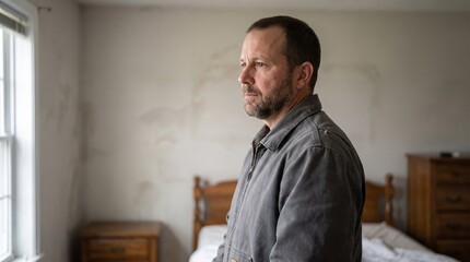 Fototapeta premium Thoughtful mature man standing in a bedroom looking out the window