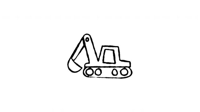 Animated 4K excavator backhoe doodle icon. Hand drawn line art on black and green screen chroma key background for construction digger, heavy machinery, earthmoving truck, and site edits.
