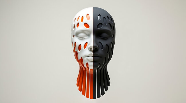 Split face mask sculpture conceptual head abstract art white black face orange accent engineered form 3d render modern design