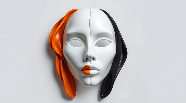 Mask sculpture split face mask conceptual art abstract face white mask orange accent black accent human face