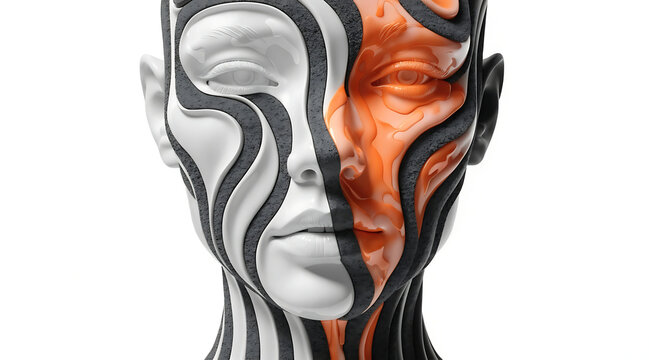 Conceptual face mask sculpture abstract split face human face 3d render surreal art orange and white modern design profile head