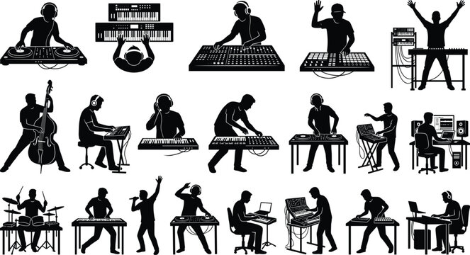 Collection of black silhouettes featuring DJs, music producers, and musicians playing various instruments.
