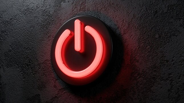 Bright red neon power button on dark rough concrete wall. Glowing round switch symbol starts digital system. Futuristic light design shows modern electronic device control. Glowing circular icon