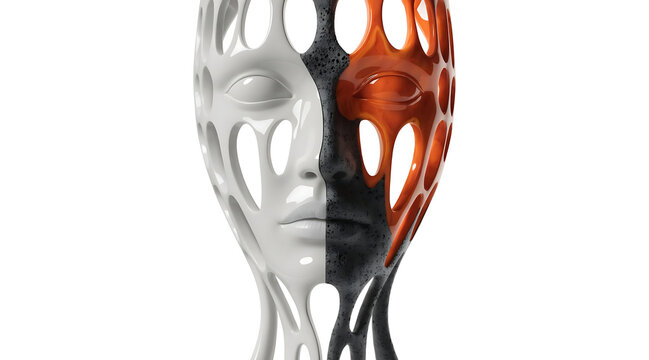 Conceptual split face mask sculpture abstract head white black orange surreal hollow split face