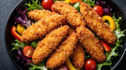 Fototapeta premium Crispy fried chicken tenders served with fresh vegetable salad in black bowl. Breaded poultry meat pieces with red cherry tomatoes, bell pepper mix. Healthy protein lunch dish with green lettuce
